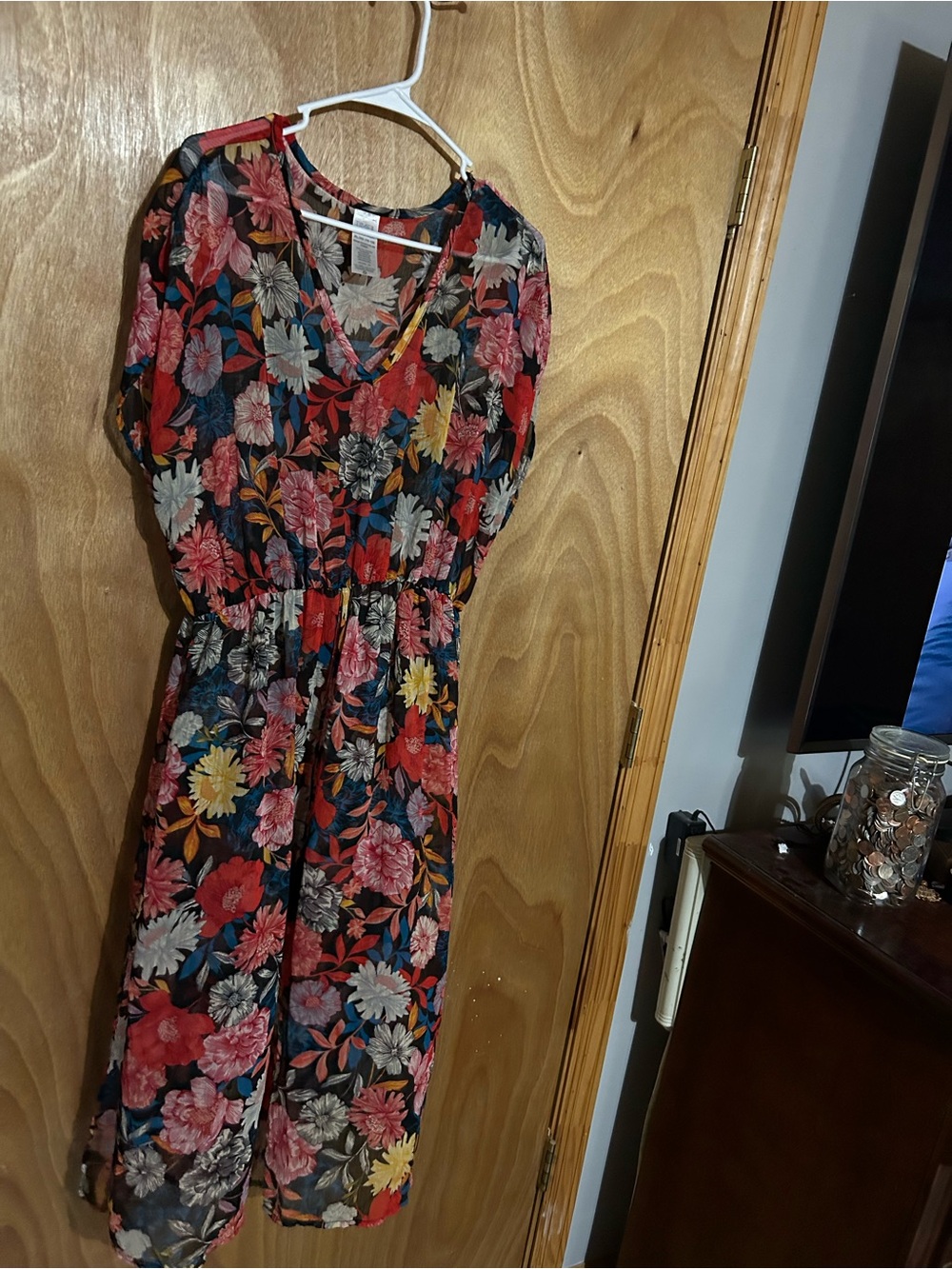 Time and Tru Black Floral Midi Dress with Red, Pink & Yellow Blooms